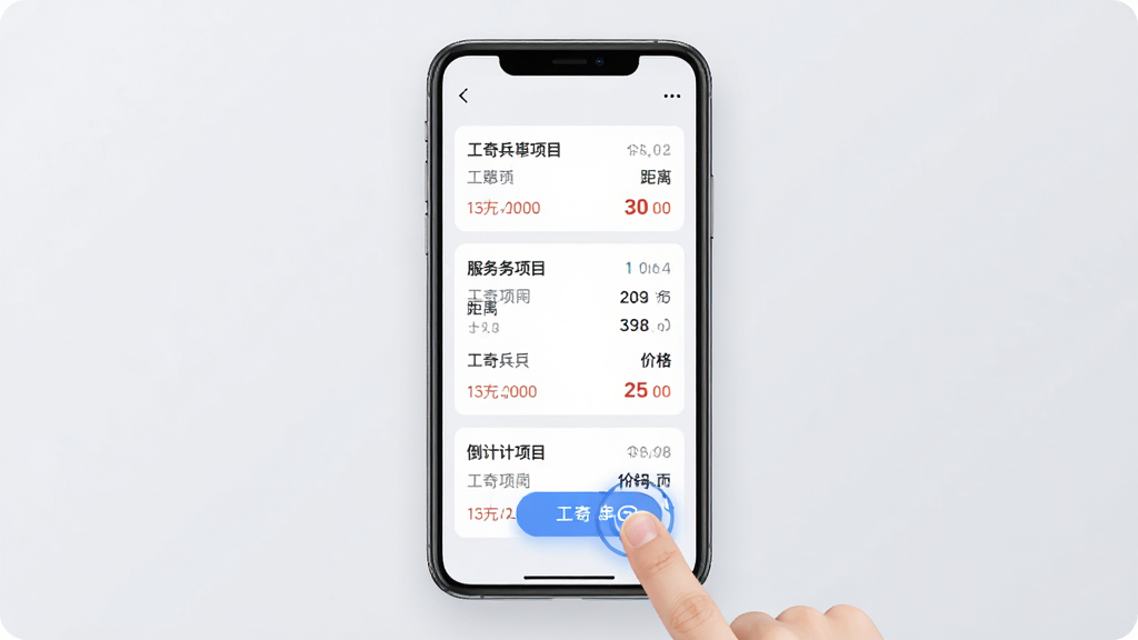 工奇兵接单大厅功能展示图,画面以手机屏幕为主体,屏幕内呈现多个订单卡片纵向排列,卡片上标注服务项目、距离、价格和倒计时,背景为柔和的浅灰色,布局居中对称,风格为现代简约UI设计,细节包含手指点击抢单按钮的动态效果,画质清晰干净无多余元素