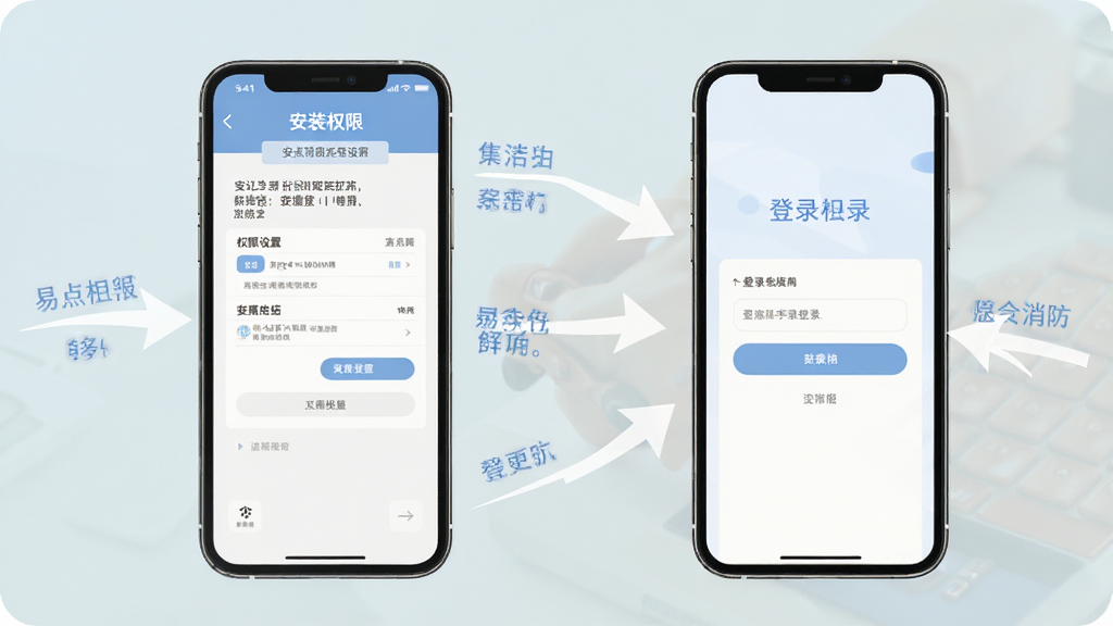 易点消防新手使用教程示意图,手机屏幕展示安装权限设置界面和登录页面,旁边配有箭头指引和简单文字说明,整体排版清晰,风格扁平化,色彩柔和,细节到位,画质高清,干净无多余元素