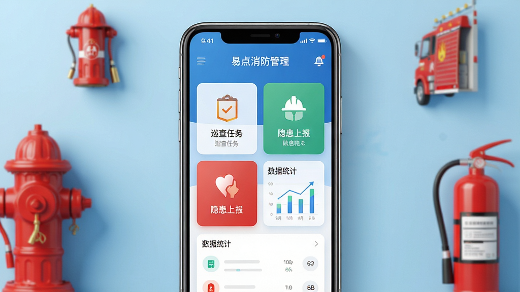 易点消防APP主界面展示,画面中央放置一部智能手机,屏幕显示消防管理应用首页,包含巡查任务、隐患上报、数据统计等图标模块,背景为浅蓝色消防主题风格,周围点缀消防栓、灭火器等元素,排版简洁清晰,风格现代商务,细节精致,画质高清,干净无多余元素