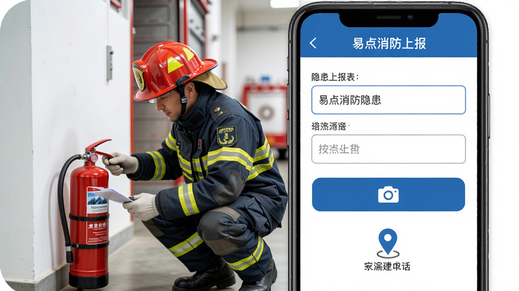 易点消防隐患上报功能界面,手机屏幕显示隐患上报表单,包含文字输入框、拍照上传按钮和定位图标,旁边有消防员正在检查灭火器的场景,整体布局清晰,风格写实商务,色彩以蓝白为主,细节丰富,画质高清,干净整洁