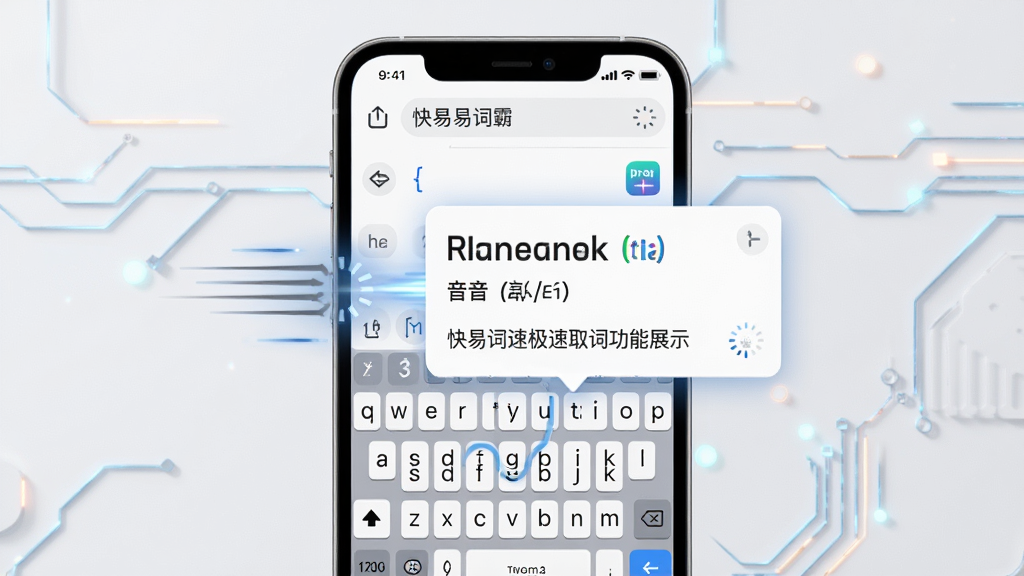 快易词霸极速取词功能展示图,画面中央为手机输入框与弹出的释义卡片,卡片上显示英文单词、音标与中文解释,周围有速度线表示快速响应,主体突出手机与释义框,布局为居中构图,风格为现代简约科技风,细节包括键盘按键、加载动画、词典图标,画质高清,干净,无多余元素