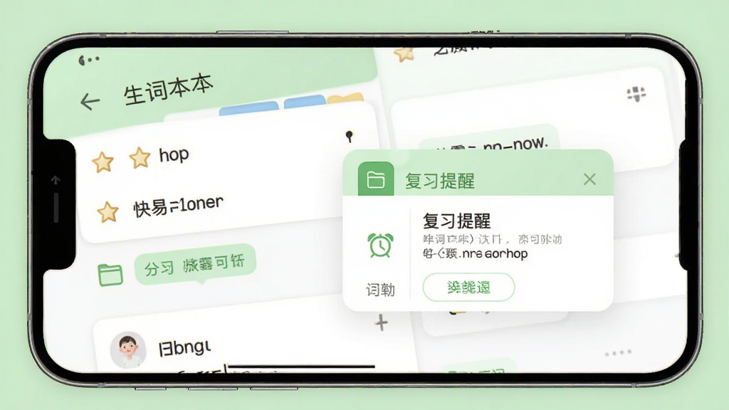 快易词霸生词本与复习提醒界面,画面中手机屏幕显示生词本列表与复习提醒弹窗,列表中有单词卡片与分组标签,背景为浅绿色与白色搭配,主体为手机与生词本界面,布局为上下结构,风格为清新学习类应用风格,细节包括星标收藏图标、闹钟提醒图标、分组文件夹,画质高清,干净,无多余元素