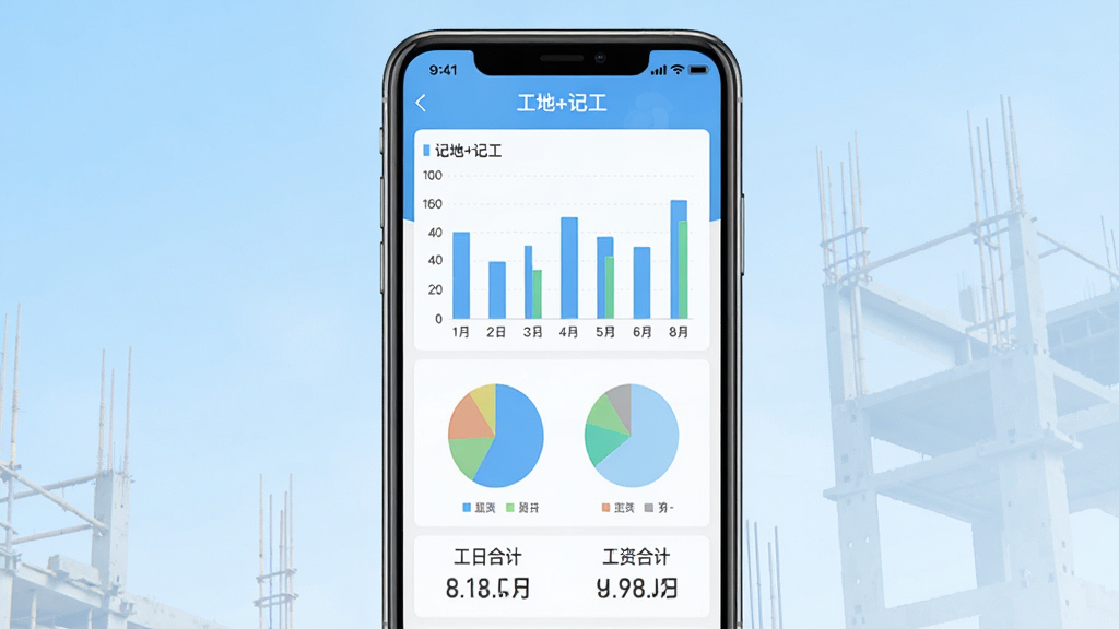 一张展示工地+记工应用统计页面的图片,主体是手机屏幕中显示柱状图和饼状图,图表下方有工日合计和工资合计的数字,布局为手机正面居中,背景是浅蓝色渐变,风格为数据可视化产品展示,细节包括屏幕上清晰可见的“工地+记工”应用名称和统计图表,画质高清,干净,无多余元素