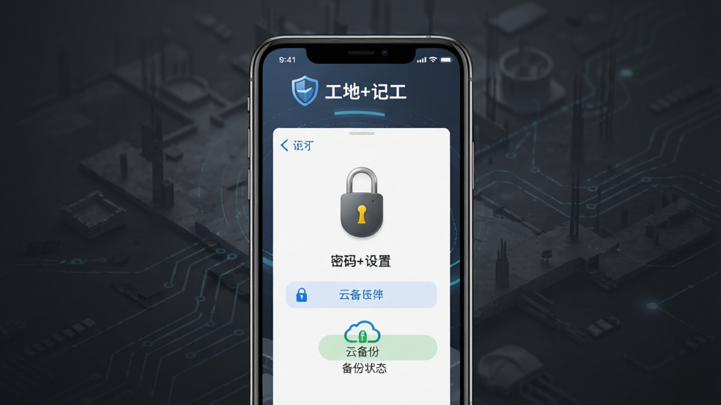 一张展示工地+记工应用数据安全设置的图片,主体是手机屏幕中显示密码锁设置界面和云备份状态,布局为手机正面居中,背景是深灰色科技感渐变,风格为安全主题产品展示,细节包括屏幕上清晰可见的“工地+记工”字样和盾牌图标,画质高清,干净,无多余元素