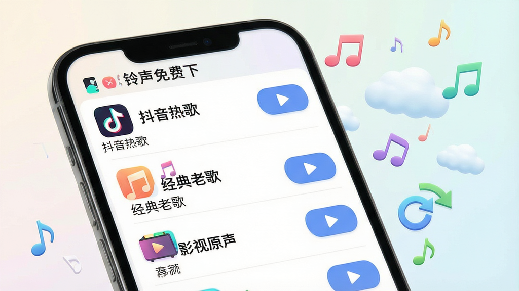 一部智能手机屏幕特写,屏幕上展示“铃声免费下”应用内丰富的铃声分类列表,每个分类配有彩色图标和名称,如“抖音热歌”“经典老歌”“影视原声”等,界面右侧有下载按钮和播放图标。手机旁漂浮着音符、云朵和刷新箭头,象征曲库实时更新。背景为浅色渐变,风格现代简洁,画质清晰干净,无多余元素,突出海量资源与更新速度。
