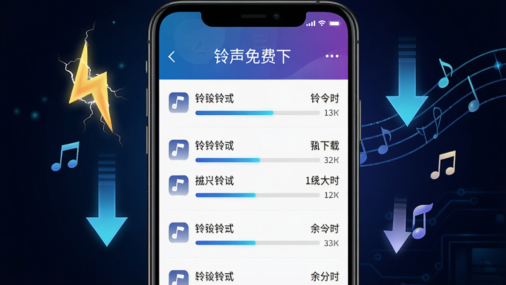 手机屏幕显示“铃声免费下”应用的下载管理界面,界面中有多条下载任务同时进行,进度条显示不同完成状态,每条任务旁有铃声名称和文件大小。屏幕周围有闪电、向下箭头和音乐符号,象征极速下载。背景为深色科技感渐变,风格动感现代,排版清晰,画质干净,无多余元素。