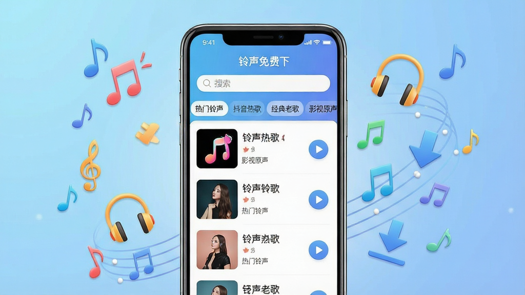 一张展示手机铃声下载应用界面的场景图,画面中央是一部竖屏智能手机,屏幕上显示“铃声免费下”应用的主界面,界面顶部有搜索框,中间是分类标签如“热门铃声”“抖音热歌”“经典老歌”“影视原声”,下方是铃声列表和播放按钮。手机周围环绕着跳动的音符、耳机、下载箭头等图标,背景是柔和的渐变蓝色。整体风格清新明快,排版简洁有序,细节丰富,画质干净,无多余元素,适合作为软件下载站的宣传图。