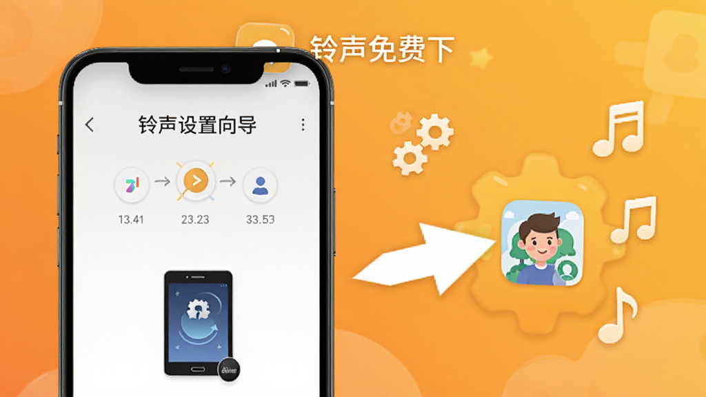 一部手机展示“铃声免费下”应用的铃声设置向导界面,屏幕上有步骤指示图和品牌手机图标,旁边有箭头指向系统设置图标。画面中有齿轮、联系人头像和音符元素,背景为温暖的橙黄色渐变,风格友好亲切,排版直观,画质干净,无多余元素。