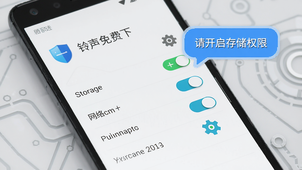 一部安卓手机屏幕显示“铃声免费下”应用的权限设置界面,屏幕上有存储、网络等权限开关,旁边有盾牌和齿轮图标。画面中有提示文字“请开启存储权限”以气泡形式呈现,背景为浅灰色科技风格,排版清晰,画质干净,无多余元素。