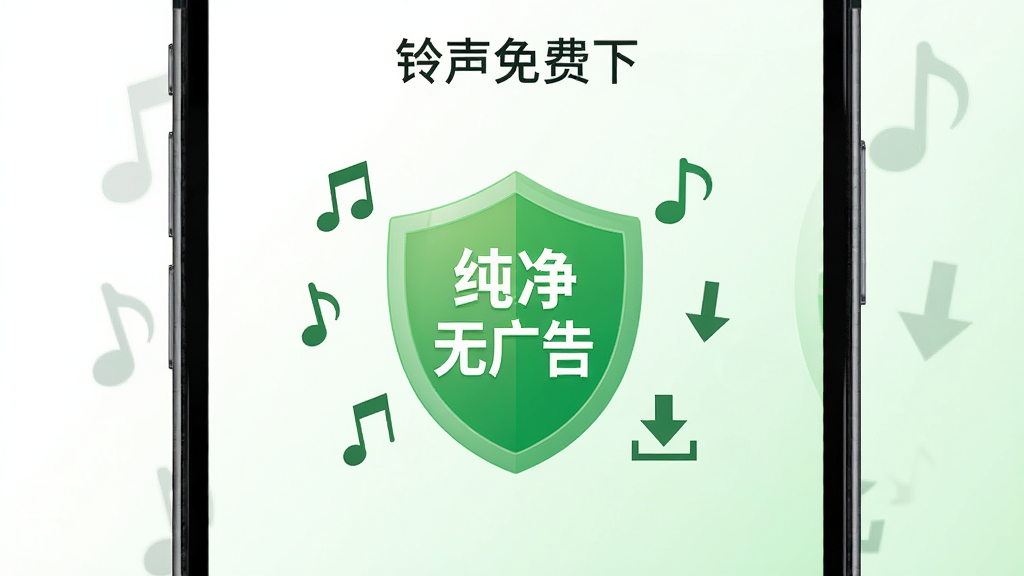 手机屏幕显示“铃声免费下”应用界面,屏幕中央有一个绿色的盾牌图标,盾牌上写着“纯净无广告”,周围环绕着音乐符号和下载箭头。背景为干净的白色与浅绿色渐变,风格清新简约,排版居中对称,画质清晰,无多余元素,突出安全纯净的使用体验。