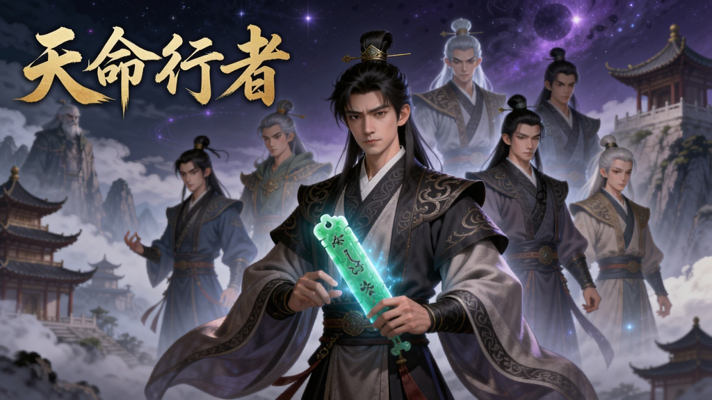 画面中央展示一位身着东方玄幻风格长袍的男性角色,手持散发幽蓝光芒的玉简,背后浮现六位形态各异的英雄虚影,背景为云雾缭绕的仙山楼阁与暗紫色星空,画面左上角用金色毛笔字体书写“天命行者”四个大字,整体采用厚涂国风插画风格,细节包括衣袍暗纹、玉简光泽、虚影半透明质感,画质清晰,干净,无多余元素