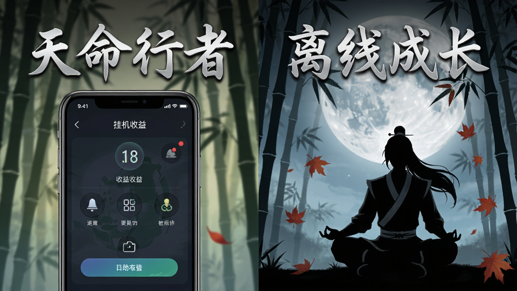 画面分为左右两部分,左侧为手机屏幕显示挂机收益结算界面,右侧为一位角色在月光下打坐修炼的剪影,背景是竹林与飘落的红叶,画面顶部用银色行书书写“天命行者”与“离线成长”,风格为唯美古风插画,细节包括手机界面UI元素、竹林光影、红叶飘落轨迹,画质清晰,干净,无多余元素