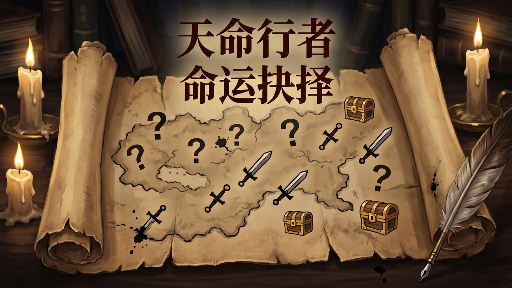 画面为一张展开的羊皮卷轴地图,地图上分布着问号图标、剑形图标与宝箱图标,卷轴边缘有燃烧的蜡烛与羽毛笔,背景是昏暗的书房环境,卷轴上方用暗红色哥特字体书写“天命行者”与“命运抉择”,风格为复古奇幻插画,细节包括卷轴褶皱、墨水晕染、烛光投影,画质清晰,干净,无多余元素