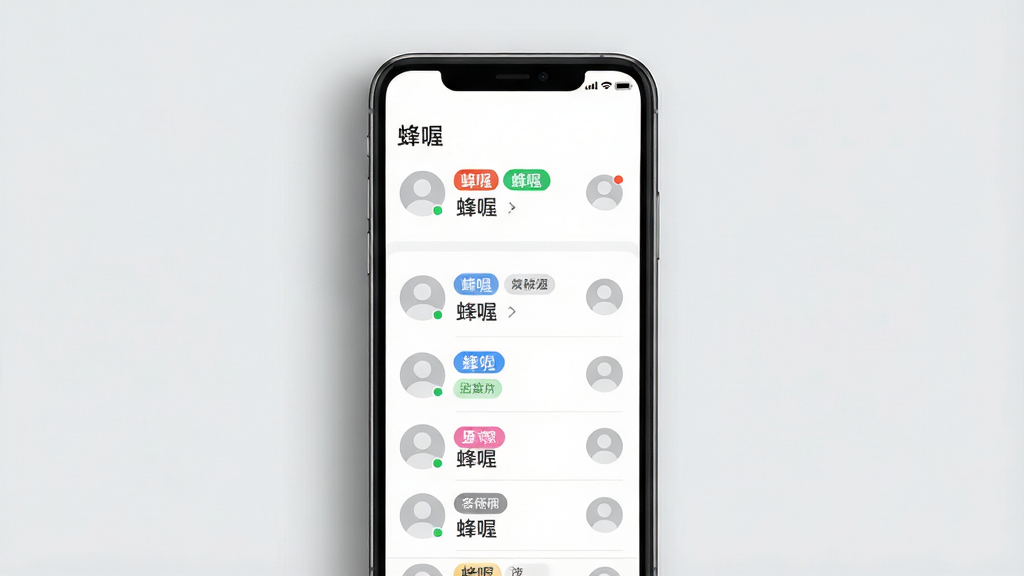 一张表现客户管理功能的手机应用截图风格图。手机屏幕显示“蜂喔”的客户列表页面,每个客户条目带有标签和头像占位图标。手机置于浅灰色背景前,有柔和阴影。布局为正面平视,风格为简洁现代UI展示。细节要求标签色彩分明、列表间距舒适、界面干净。画质高清,画面中应用名称文字为“蜂喔”。