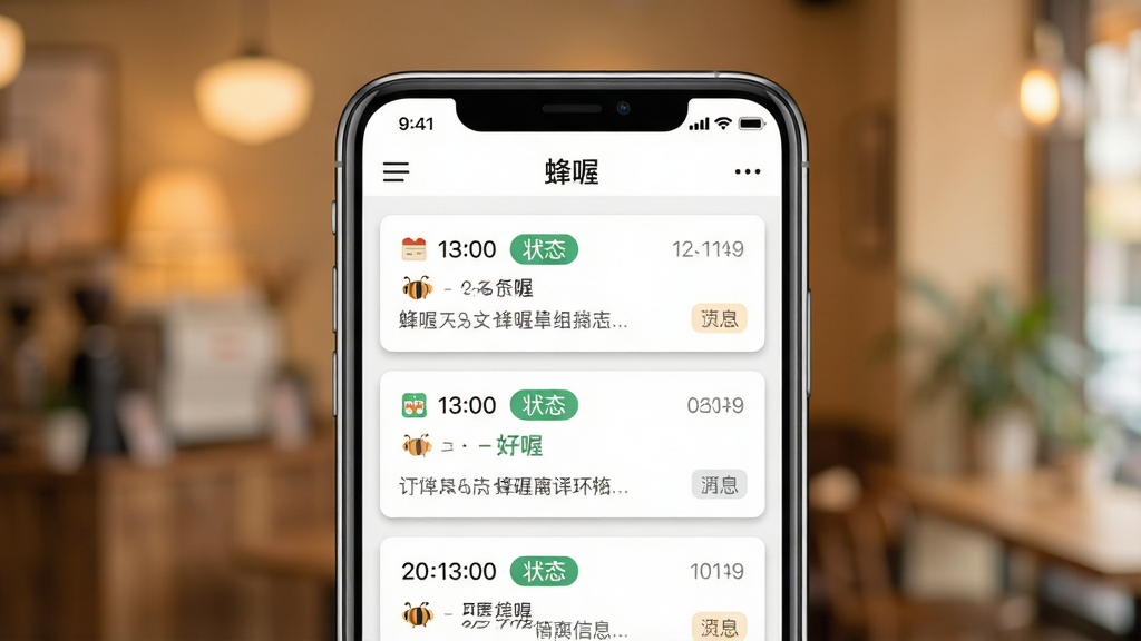 一个手机应用订单列表界面的特写图。画面中央是手机屏幕,屏幕内显示“蜂喔”的订单管理页面,列表中有多条订单卡片,每张卡片包含时间、状态标签和简要信息。背景为虚化的暖色调室内环境。布局为居中特写,风格为清爽扁平化UI展示。细节要求图标线条清晰、文字锐利、有轻微投影。画质高清,干净无杂乱元素,屏幕内应用名称显示为“蜂喔”。