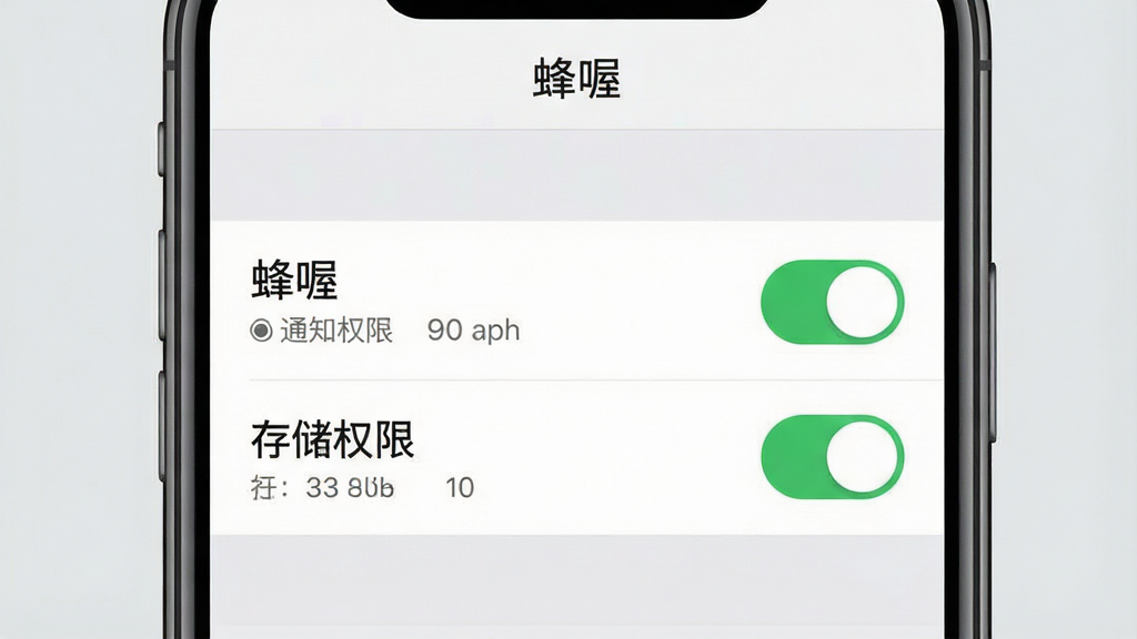 一张手机应用权限设置界面的示意图。画面为手机屏幕特写,显示“蜂喔”的通知权限与存储权限开关选项,开关处于开启状态。背景为浅灰色。布局为正面平视,风格为扁平化系统设置界面展示。细节要求开关按钮清晰、文字可读、界面干净。画质高清,无多余元素,屏幕应用名称为“蜂喔”。