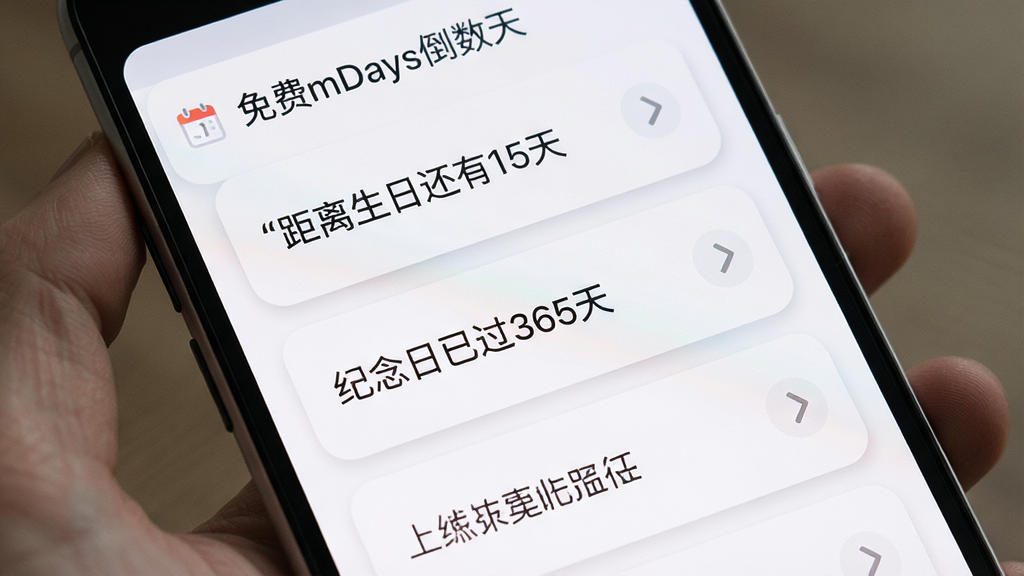 一部安卓手机屏幕特写,显示“免费mDays倒数天”应用中的倒数日卡片列表,卡片上分别显示“距离生日还有15天”“纪念日已过365天”等文字信息,界面配色柔和,背景为白色,卡片带有圆角阴影效果,画面干净清晰,画质高清