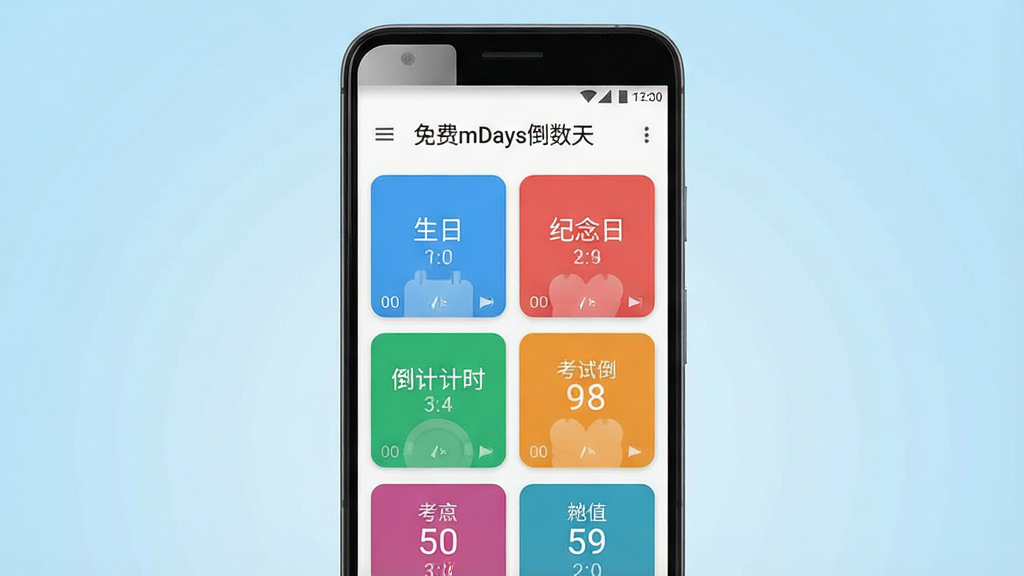 一张简洁的安卓手机界面展示图,画面中央放置一部智能手机,屏幕显示“免费mDays倒数天”应用主界面,界面上有多个彩色倒数卡片,分别标注“生日”“纪念日”“考试倒计时”等字样,背景为浅蓝色渐变,整体风格清新简约,布局干净整齐,细节清晰,画质高清,无多余元素