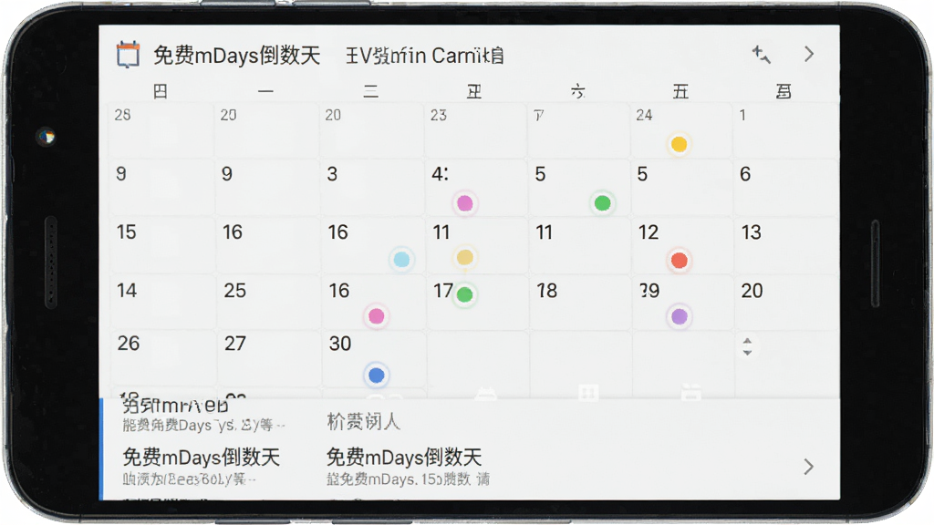 一部安卓手机显示“免费mDays倒数天”应用的日历视图界面,月历上有多个日期标注了彩色圆点,代表不同的倒数事件,界面下方有事件列表,整体风格清新浅色,布局整齐,画质高清,干净无多余元素