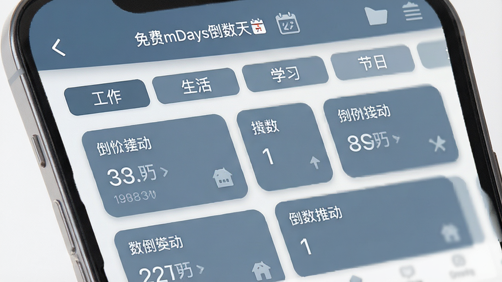 手机屏幕展示“免费mDays倒数天”应用的事件分类管理界面,界面上有“工作”“生活”“学习”“节日”等分类标签,每个分类下显示对应的倒数事件卡片,界面风格简洁商务,配色以蓝灰色为主,布局清晰,画质高清干净