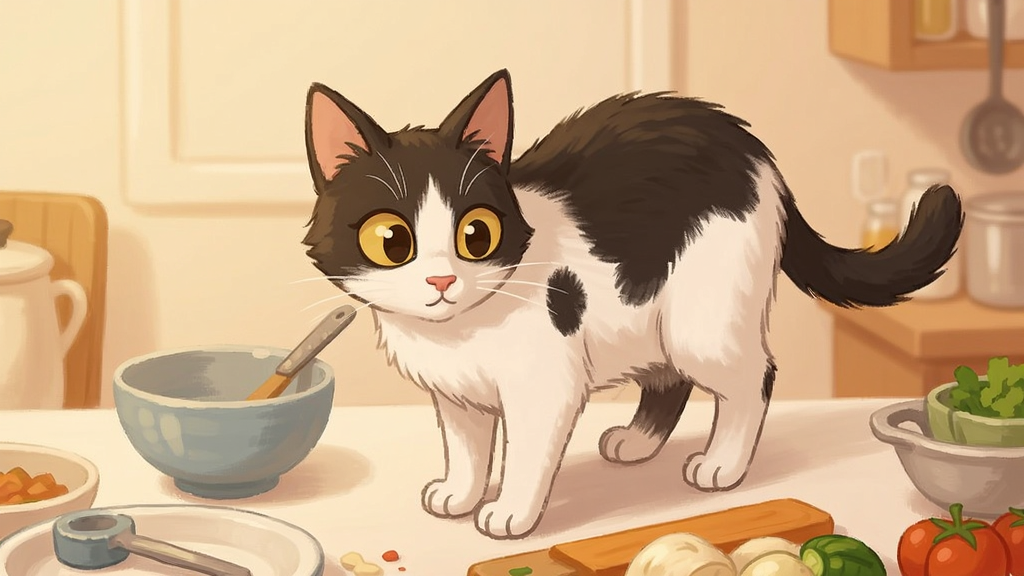 一只黑白花猫站在厨房料理台上俯视下方,桌上摆放着碗碟和食材,猫咪眼神好奇,卡通插画风格,暖色调,主体突出,细节精致,画质清晰,干净无多余元素