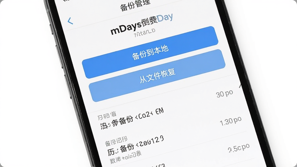 免费mDays倒数天数据备份与恢复界面,画面展示手机屏幕内备份管理页面,包含“备份到本地”“从文件恢复”按钮,下方列出历史备份记录,背景为白色,布局清晰,风格简约,细节明确,画质高清,干净,无多余元素