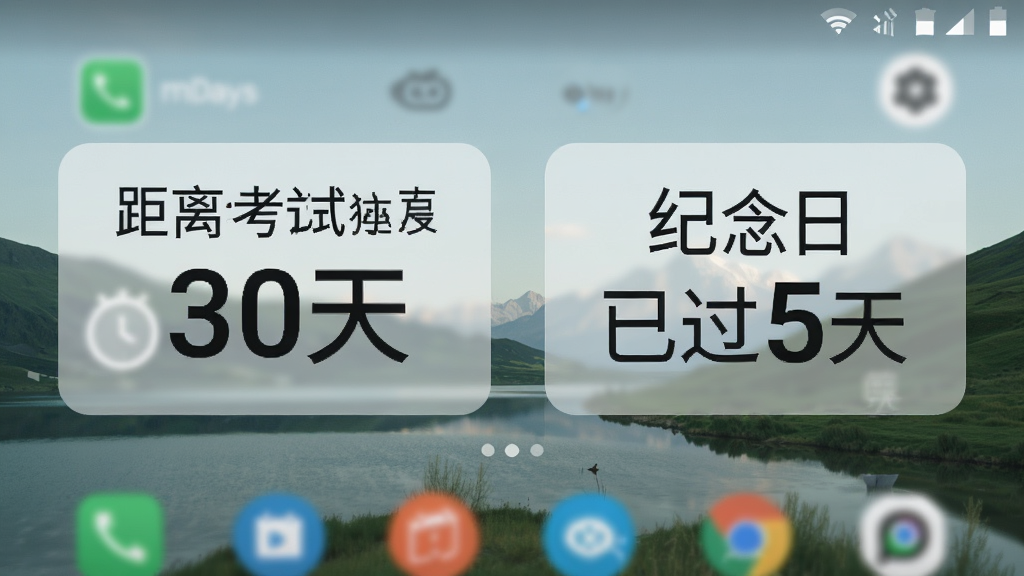 免费mDays倒数天桌面小组件效果图,画面展示安卓手机主屏幕,屏幕上放置两个不同尺寸的倒计时小组件,分别显示“距离考试还有30天”和“纪念日已过5天”,小组件背景半透明,字体清晰,壁纸为简约风景,风格自然,细节丰富,画质高清,干净,无多余元素