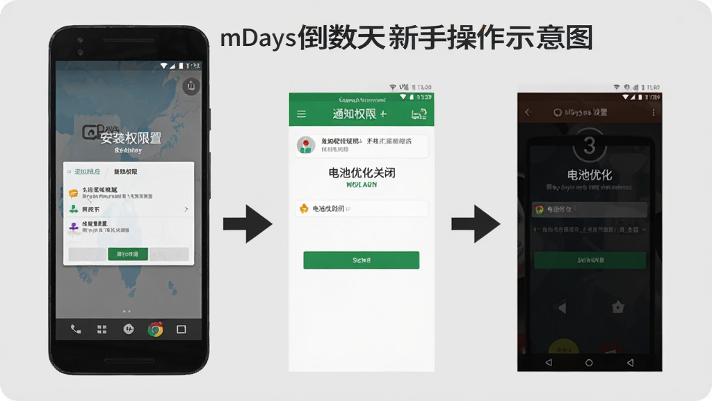 免费mDays倒数天新手操作示意图,画面展示一部安卓手机,屏幕上依次排列安装权限设置、通知权限开启、电池优化关闭三个步骤界面,每个步骤配有箭头引导,背景为浅灰色,布局清晰,风格教程化,细节明确,画质高清,干净,无多余元素