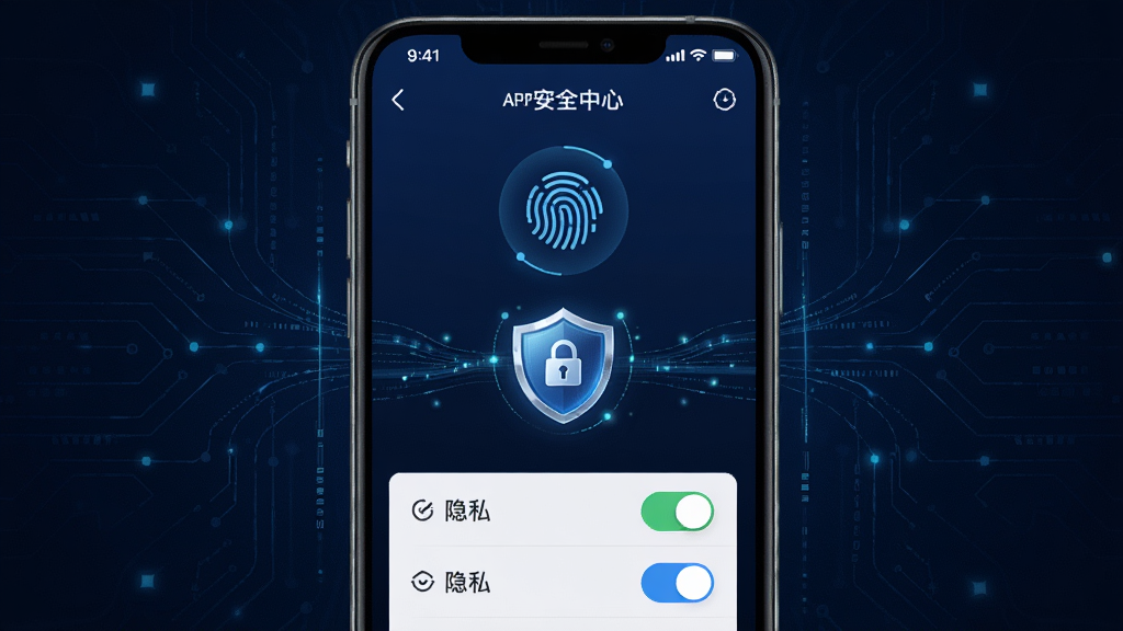 手机屏幕显示奕境汽车APP安全中心界面,界面中有指纹图标、盾牌标志、隐私开关列表,背景为深蓝色科技纹理,布局为手机居中,排版对称,风格为安全科技风,细节包括发光锁形图标、数据流线条,画质高清,干净,无多余元素