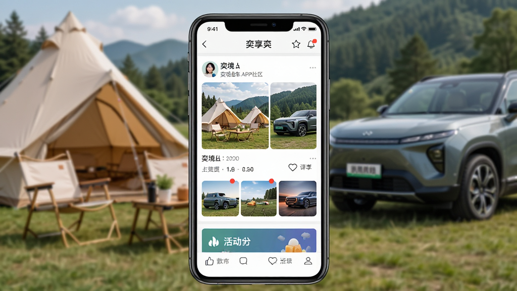 手机屏幕显示奕境汽车APP社区页面,页面中有车主分享的图文动态、点赞评论按钮、活动横幅,背景为户外露营场景与奕境汽车,布局为手机居中,排版活泼,风格为清新社交风,细节包括用户头像、图片缩略图、红色通知点,画质高清,干净,无多余元素