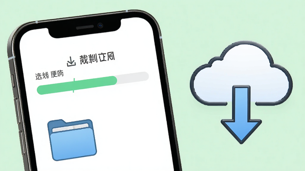 裁判文书微米通离线下载功能示意图,画面展示手机屏幕中下载进度条与文件夹图标,旁边有云朵和向下箭头,背景为浅绿色清新风格,细节清晰,画质干净,无多余元素