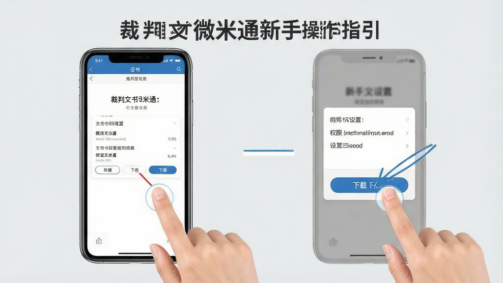 裁判文书微米通新手操作指引图,画面展示一部手机旁有手指点击屏幕的步骤示意,屏幕中显示权限设置与下载按钮,背景为浅灰色,风格简洁明快,画质清晰,干净无多余元素