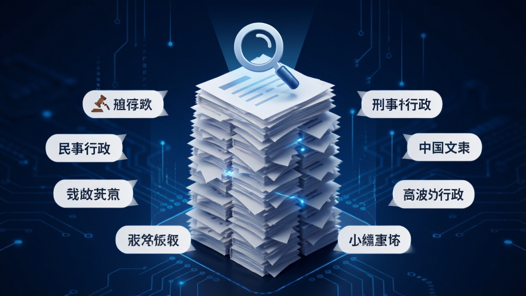裁判文书微米通海量文书资源展示图,画面中心为一座由无数文档堆叠而成的知识塔,塔顶有放大镜图标,周围环绕民事刑事行政等标签,背景为深蓝色科技感,风格专业严谨,画质高清,干净无多余元素