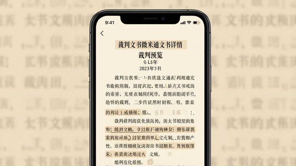 裁判文书微米通文书详情预览图,画面展示手机屏幕内一份裁判文书的详细内容,有标题、段落和重点标记,背景为米黄色护眼色调,风格沉稳,画质清晰,干净无多余元素