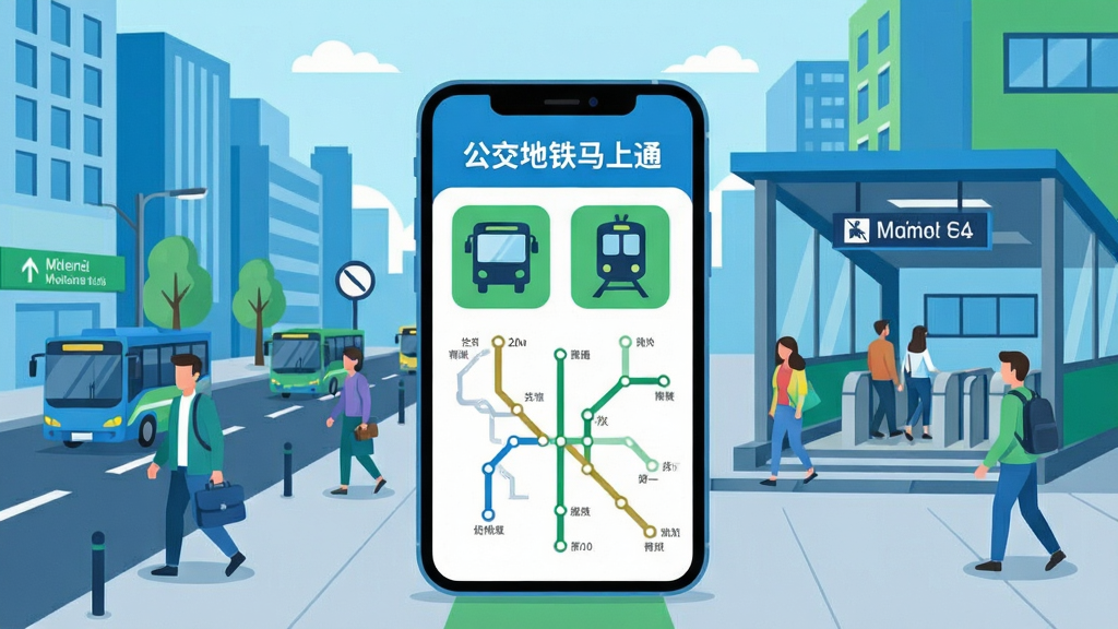 一张展示现代城市公共交通出行的插画,画面中央是一部智能手机,屏幕上显示着“公交地铁马上通”的应用界面,界面中有公交车和地铁的图标以及线路图。背景是繁忙的城市街道和地铁站入口,有行人正在有序通行。整体风格为扁平化矢量插画,色彩明亮清新,以蓝色和绿色为主色调。画面干净整洁,细节丰富,画质清晰,无多余元素。