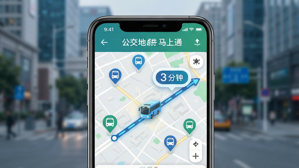 一幅展示“公交地铁马上通”实时公交查询功能的界面示意图,画面主体是手机屏幕,屏幕上显示着城市地图,地图上有多个公交站点标记,其中一辆公交车图标正在线路上移动,旁边有倒计时气泡显示“3分钟”。背景是模糊的城市街景。风格为现代科技感UI设计,细节清晰,画质干净,无多余元素。