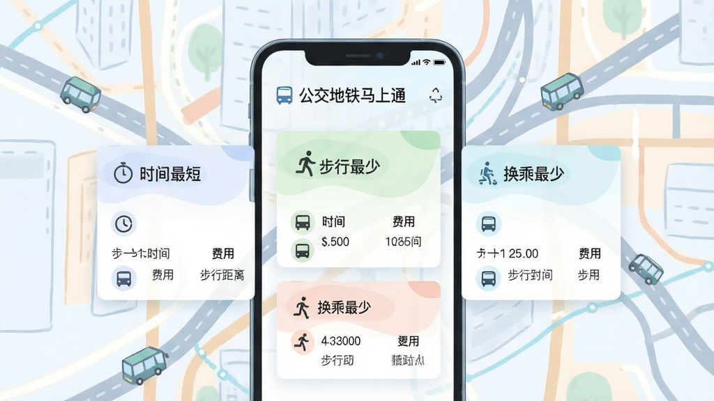 一幅描绘“公交地铁马上通”换乘方案对比界面的插画,画面中央是手机屏幕,屏幕上以卡片形式列出了三种出行方案,分别标注了“时间最短”、“步行最少”和“换乘最少”,每个方案下方有详细的时间、费用和步行距离图标。背景是抽象的城市交通网络线条。风格为清新简约的UI风格,色彩柔和,画质干净,无多余元素。