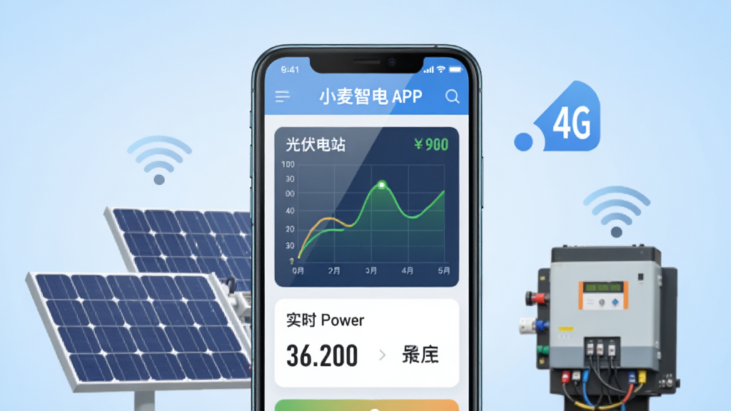 主体是一台智能手机,屏幕上显示小麦智电APP的首页界面,界面中有光伏电站的发电曲线图和实时功率数据,布局采用居中构图,手机周围环绕着太阳能板、逆变器和4G信号图标,排版简洁清晰,风格为现代科技感扁平化设计,细节上手机屏幕有轻微反光,背景是浅蓝色渐变,画质高清,干净,无多余元素