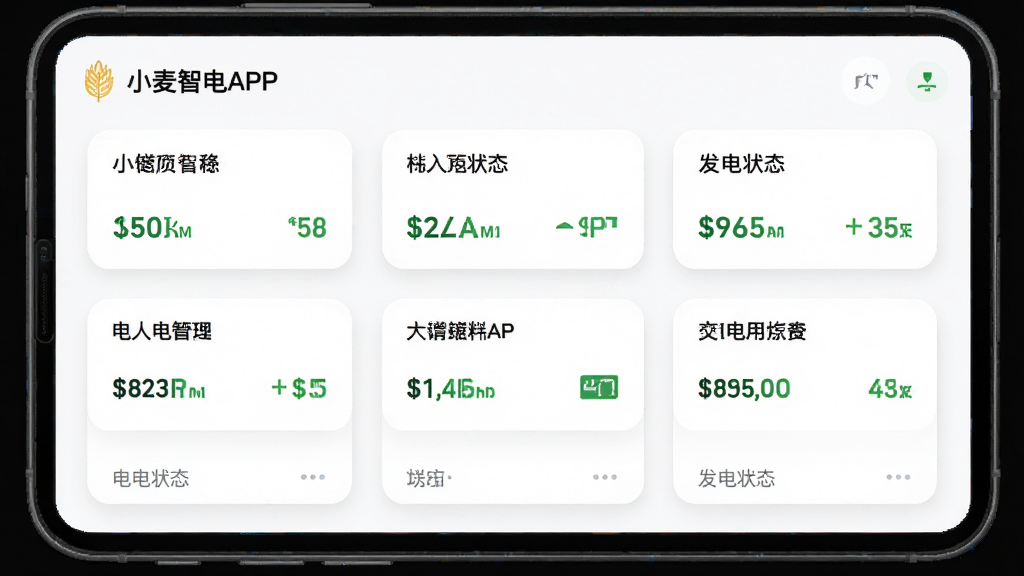 主体是小麦智电APP的多电站管理界面,布局为卡片式列表,每个卡片显示一个电站的名称和发电状态,排版清晰,风格为清新浅色系,细节上卡片有圆角阴影,背景是白色,画质高清,干净,无多余元素