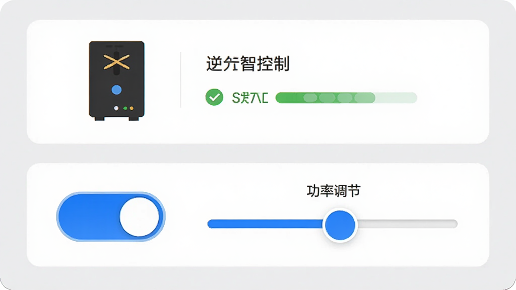 主体是小麦智电APP的设备控制页面,布局为上下结构,上方显示逆变器设备图标和状态,下方有开关按钮和功率调节滑块,排版简洁,风格为现代商务风,细节上按钮有蓝色高光,背景是浅灰色,画质高清,干净,无多余元素