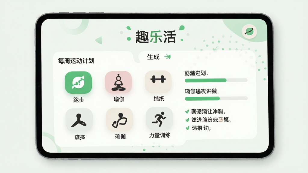 趣乐活个性化计划界面,屏幕中央显示“趣乐活”生成的每周运动计划表,包含跑步、瑜伽、力量训练等图标,旁边有进度条和鼓励语,布局整洁,浅色背景搭配绿色点缀,现代简约风格,细节丰富,干净无多余元素,高清画质