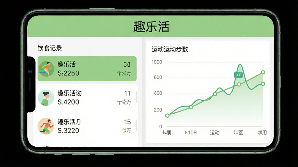 趣乐活应用内健康记录页面截图,左侧是饮食记录列表,右侧是运动步数折线图,屏幕上方有“趣乐活”标题,界面以浅绿色和白色为主,布局分栏清晰,扁平化设计风格,细节精致,干净无多余元素,高清画质
