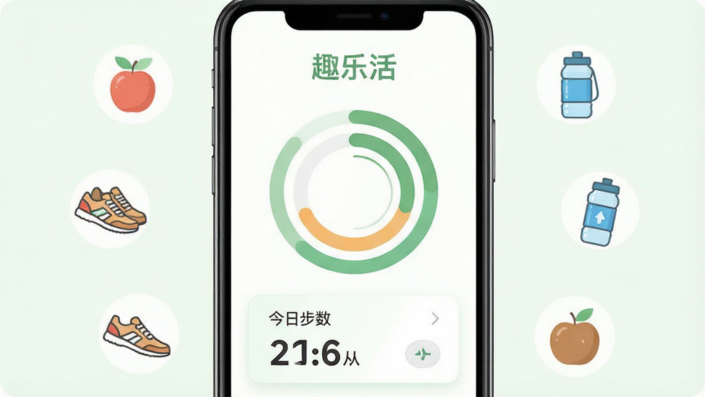 手机屏幕展示趣乐活应用主界面,界面中央有健康数据环形图表和今日步数卡片,顶部显示“趣乐活”文字标识,周围环绕水果、运动鞋、水杯等健康元素图标,布局居中对齐,简约清新风格,柔和的绿色和白色主色调,细节清晰,干净无多余元素,高清画质