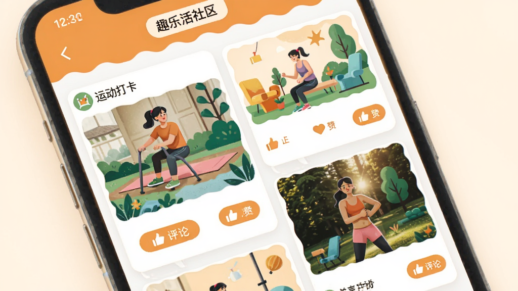 趣乐活社区页面截图,屏幕显示用户动态卡片,包含运动打卡照片和点赞评论按钮,顶部有“趣乐活”社区标签,布局瀑布流式,温暖明亮的色调,扁平化插画风格,细节生动,干净无多余元素,高清画质