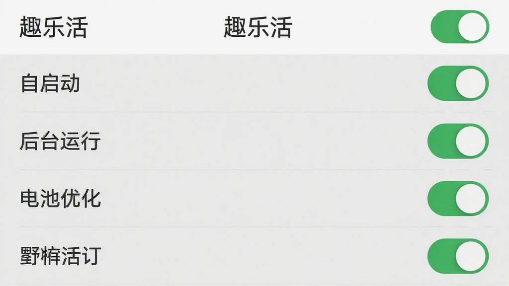 趣乐活应用设置页面截图,屏幕显示权限管理列表,包含自启动、后台运行、电池优化等开关按钮,顶部有“趣乐活”设置标题,布局清晰,浅灰色背景搭配绿色开关,扁平化设计,细节明确,干净无多余元素,高清画质