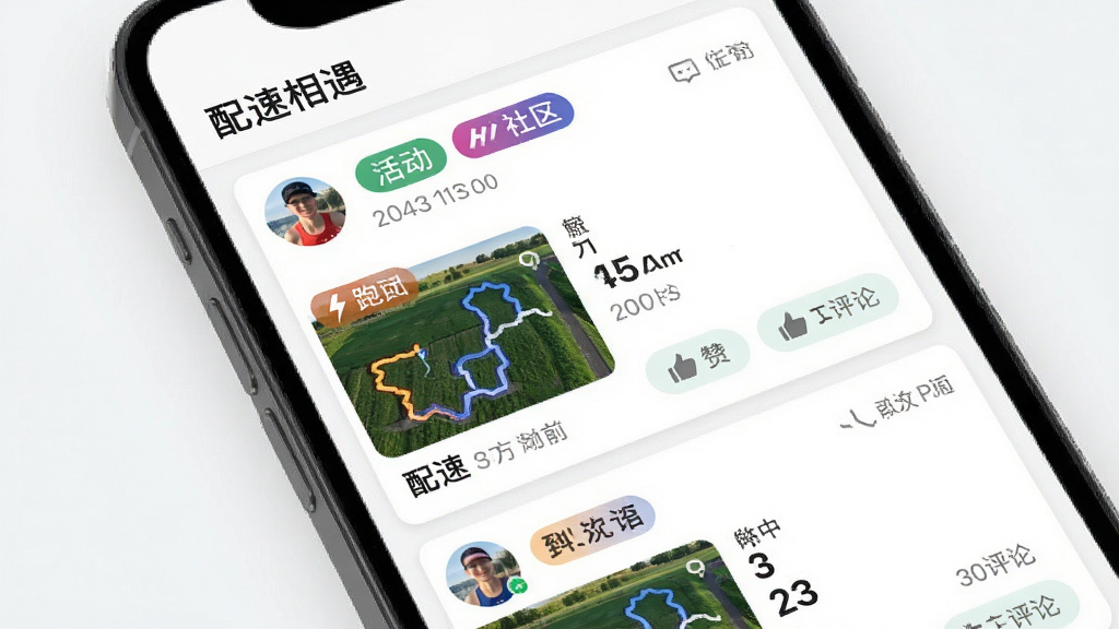 手机界面展示“配速相遇”社区动态页面,主体为信息流卡片,每张卡片包含跑友头像、跑步轨迹缩略图、配速数据与点赞评论按钮,布局为上下滑动列表,风格清新简约,细节有跑团标签、活动横幅、动态时间戳,画质高清,干净,无多余元素