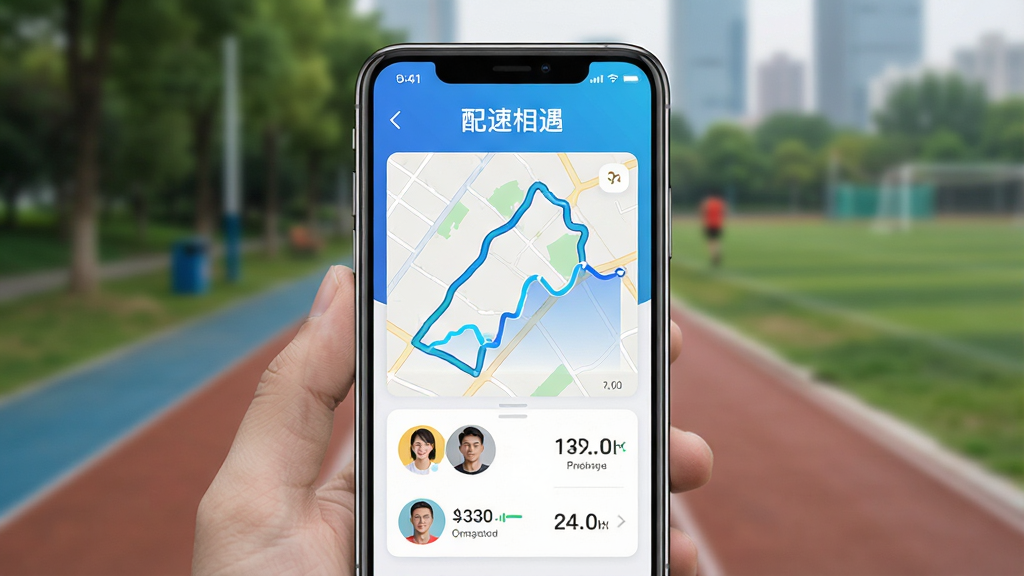 移动应用界面展示,主体为一部智能手机,屏幕显示跑步轨迹地图与配速数据面板,界面采用蓝白渐变配色,上方有“配速相遇”文字标识,布局为居中放置手机,背景为虚化的城市公园跑道,风格为现代扁平化UI设计,细节包含动态配速曲线图、跑友头像列表、实时配速数字,画质高清,干净,无多余元素