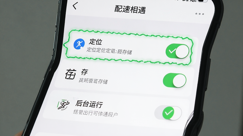 手机屏幕显示“配速相遇”的设置页面,主体为权限管理列表,包含定位、存储、后台运行等开关选项,布局为纵向列表,风格简洁明快,细节有高亮提示框、绿色对勾图标、文字说明,画质清晰,干净,无多余元素
