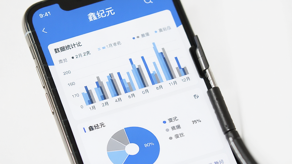 手机屏幕展示“鑫纪元”应用的数据统计页面,包含柱状图和饼图,界面以蓝色和白色为主色调,图表清晰,风格商务简约,画质干净,无多余元素