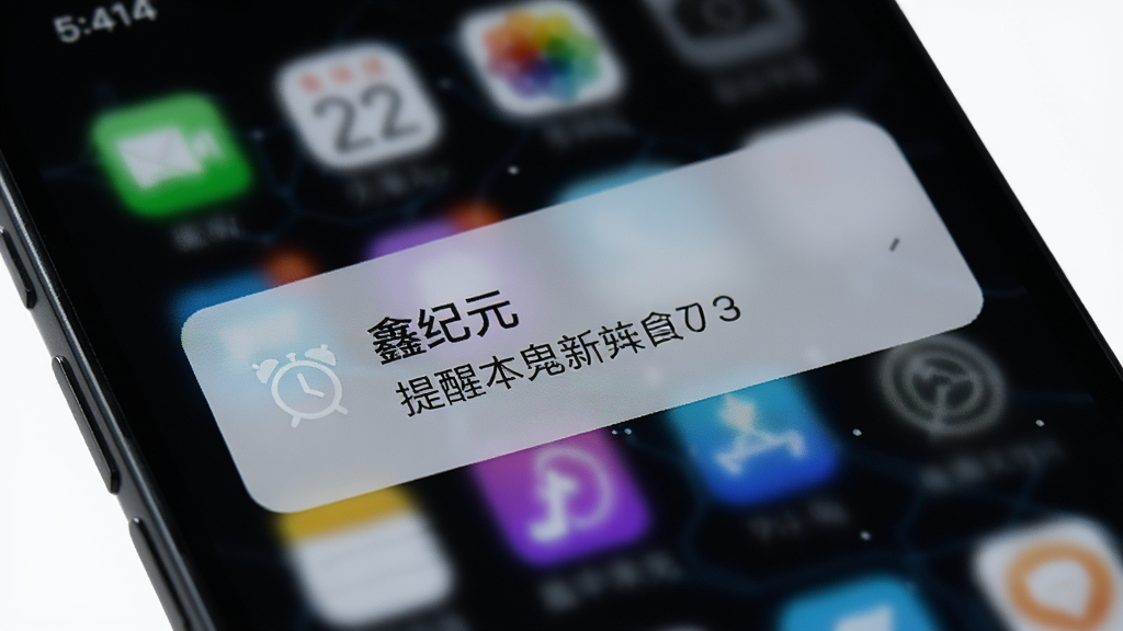 一部手机屏幕亮起,显示“鑫纪元”应用的提醒通知弹窗,画面中有闹钟图标和文字提示,背景为深色,风格科技感,画质干净,无多余元素